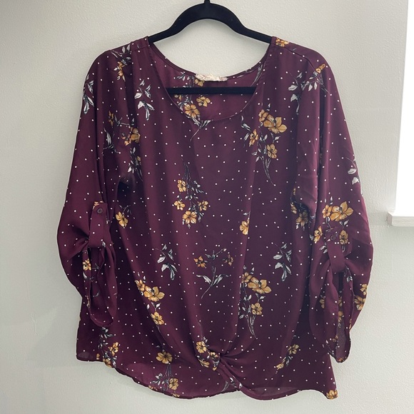 Burgundy blouse with yellow flowers - Picture 1 of 9